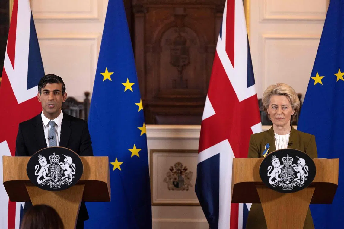 Britain's Prime Minister Rishi Sunak (left) and European Commission chief Ursula von der Leyen hold a joint press conference on Feb 27, 2023.