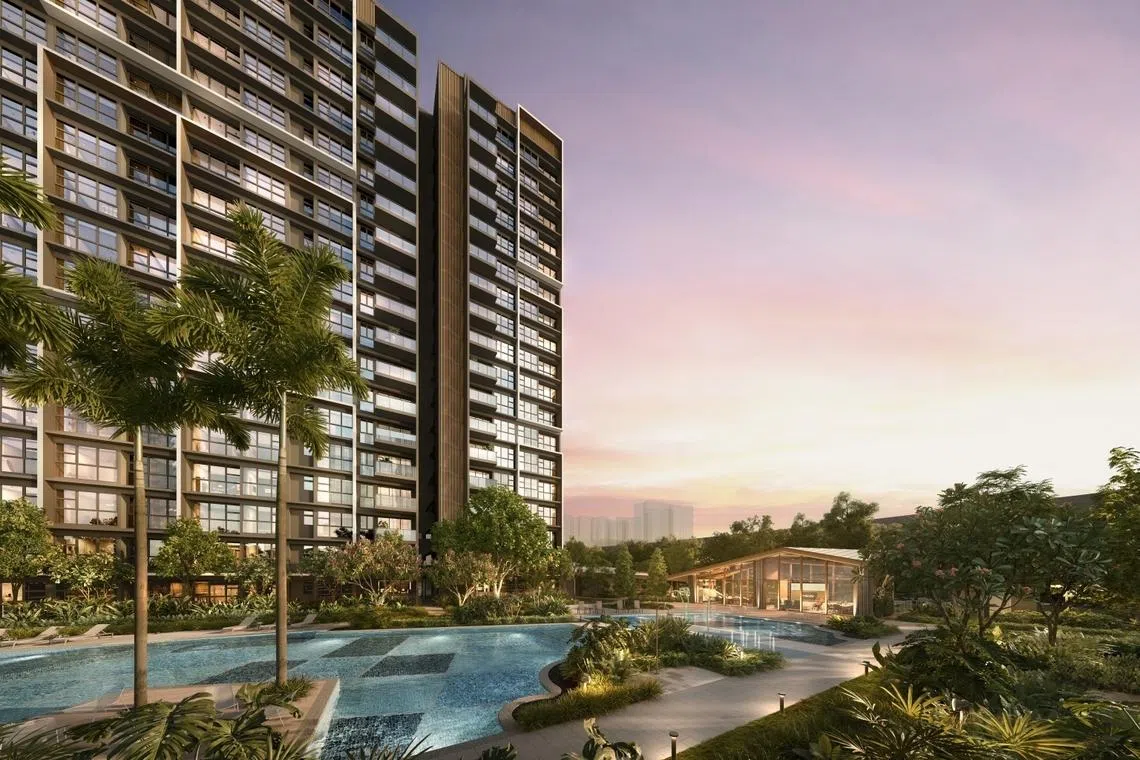an artist’s impression of novo place’s landscaped grounds and pool deck, featuring lush greenery surrounding a modern swimming area