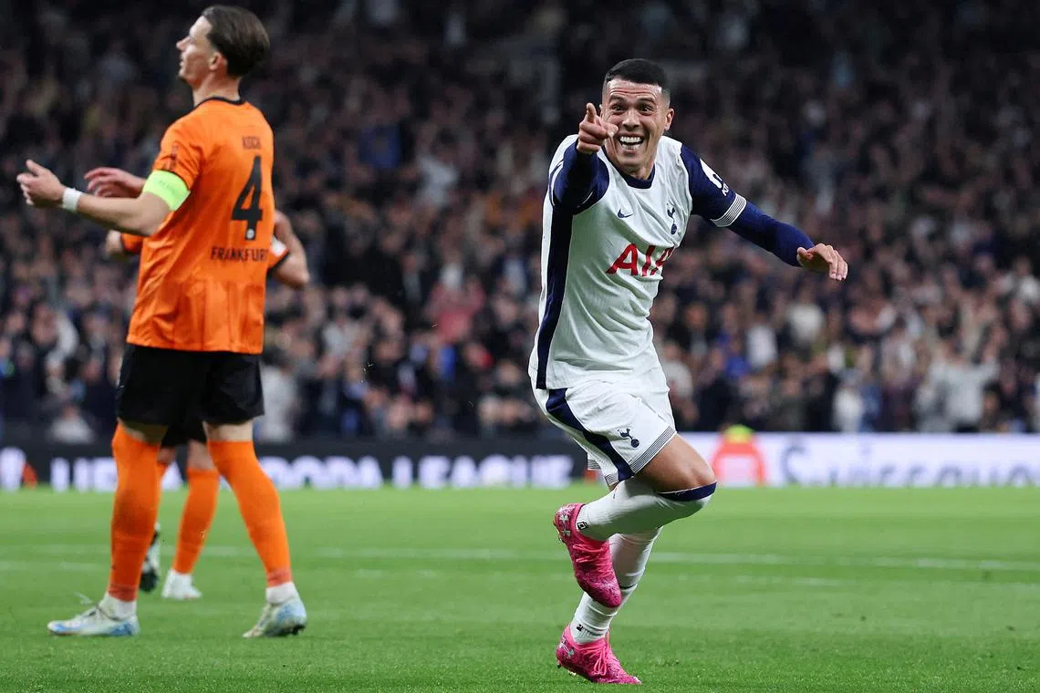 Tottenham Hotspur's Pedro Porro celebrates scoring their first goal.
