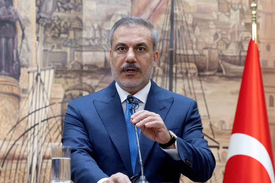 FILE PHOTO: Turkey's Foreign Minister Hakan Fidan talks during a joint press conference with Saudi Arabia Foreign Minister Prince Faisal bin Farhan Al Saud (not pictured) in Istanbul, Turkey, July 14, 2024. REUTERS/Murad Sezer/File Photo