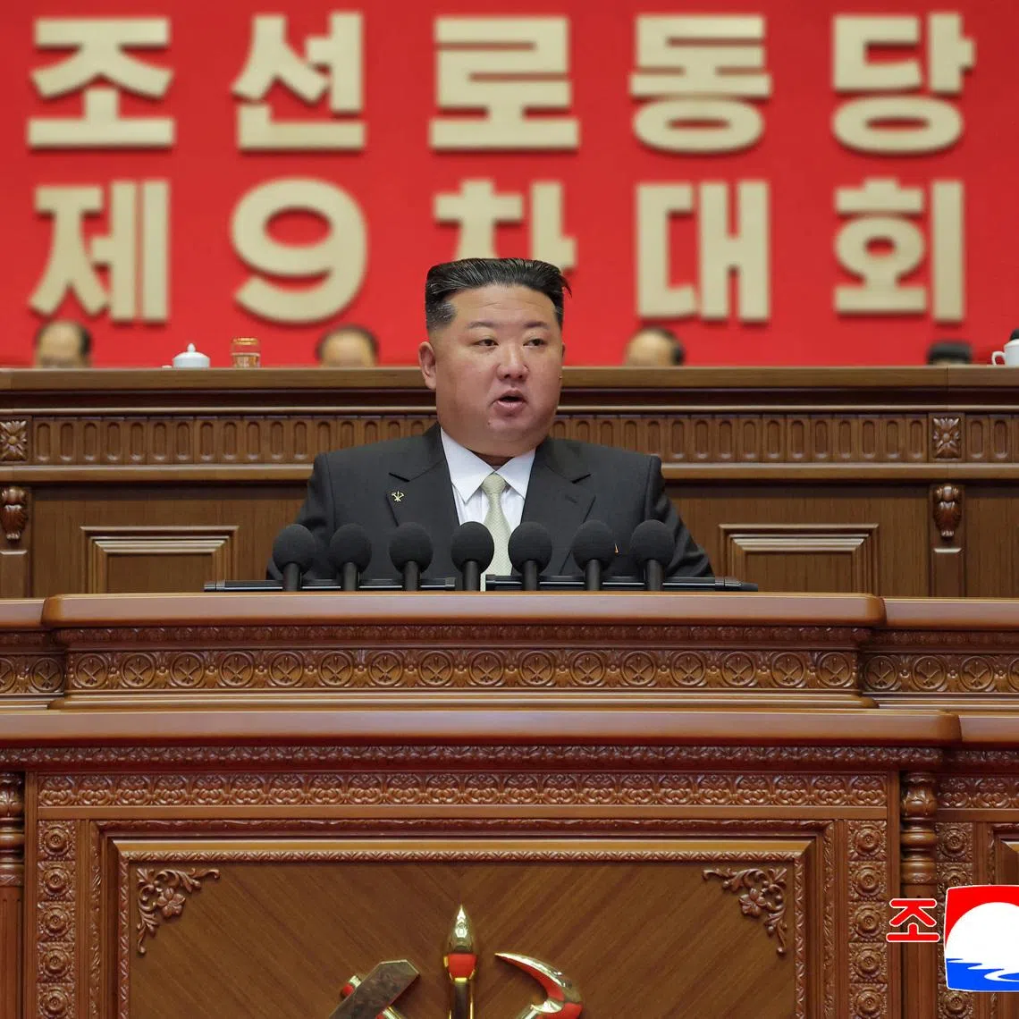 North Korean leader Kim Jong Un speaks during the Ninth Congress of the Workers' Party of Korea (WPK) in Pyongyang, North Korea, February 19, 2026, in this picture released by North Korea's official Korean Central News Agency.  KCNA via REUTERS