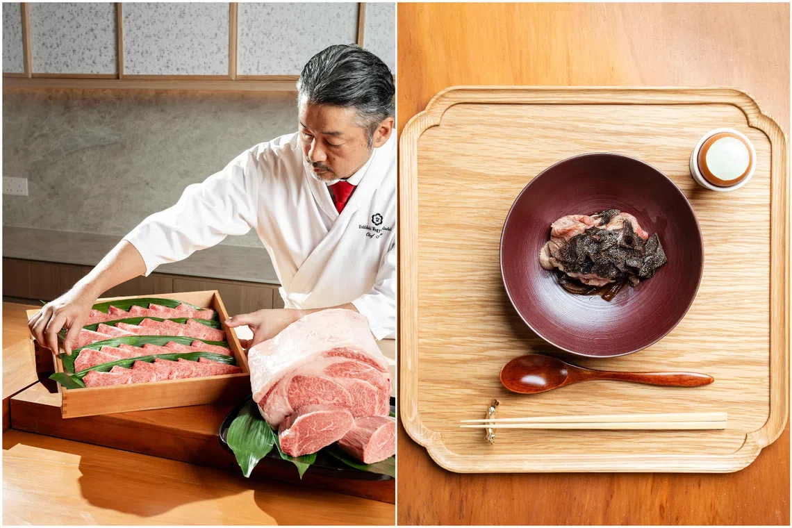 Chef Nobuaki Hirohashi of Ushidoki with the restaurant's star ingredient, Ozaki beef from Miyazaki Prefecture.