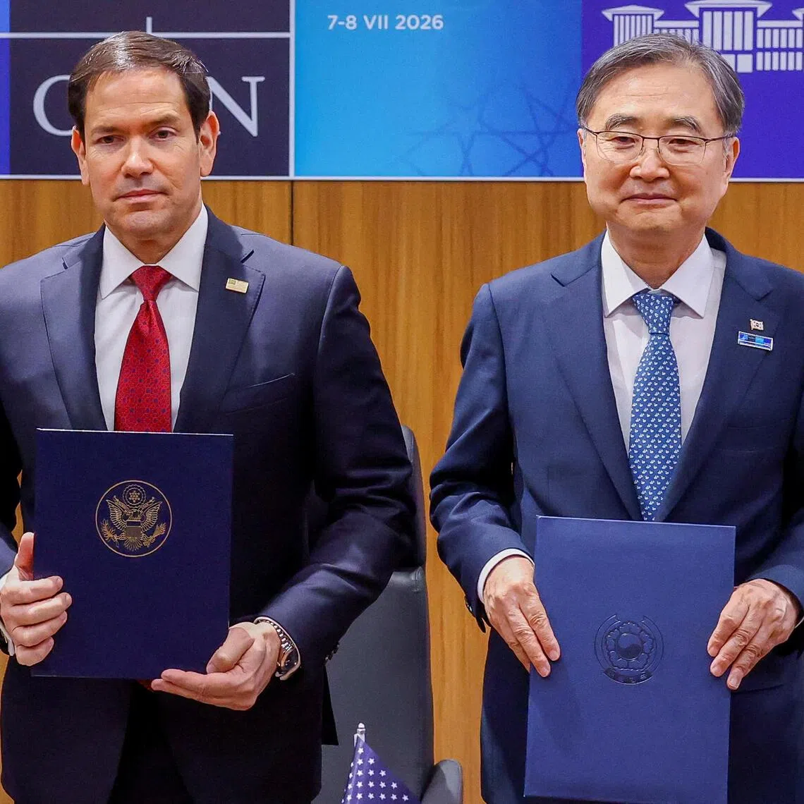 US Secretary of State Marco Rubio (left) meeting South Korean Foreign Minister Cho Hyun on the sidelines of a NATO summit in July 2026, in Turkey. They spoke by phone on Aug 24.
