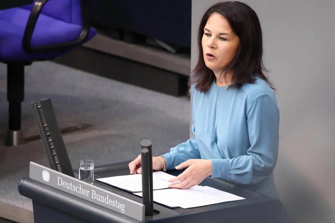 German Foreign Minister Annalena Baerbock speaks during a session of the lower house of parliament Bundestag, debating \"75 years of Basic Law in Germany\", in Berlin Germany, May 16, 2024. REUTERS/Liesa Johannssen/ File Photo