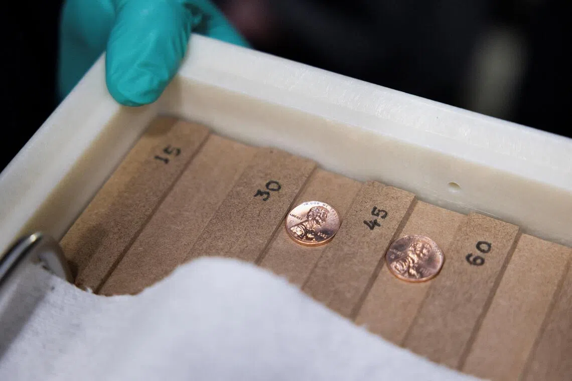 Two of the last struck pennies, during US Treasurer Brandon Beach's visit to strike the final five circulating one-cent coins or pennies, at the US Mint in Philadelphia.