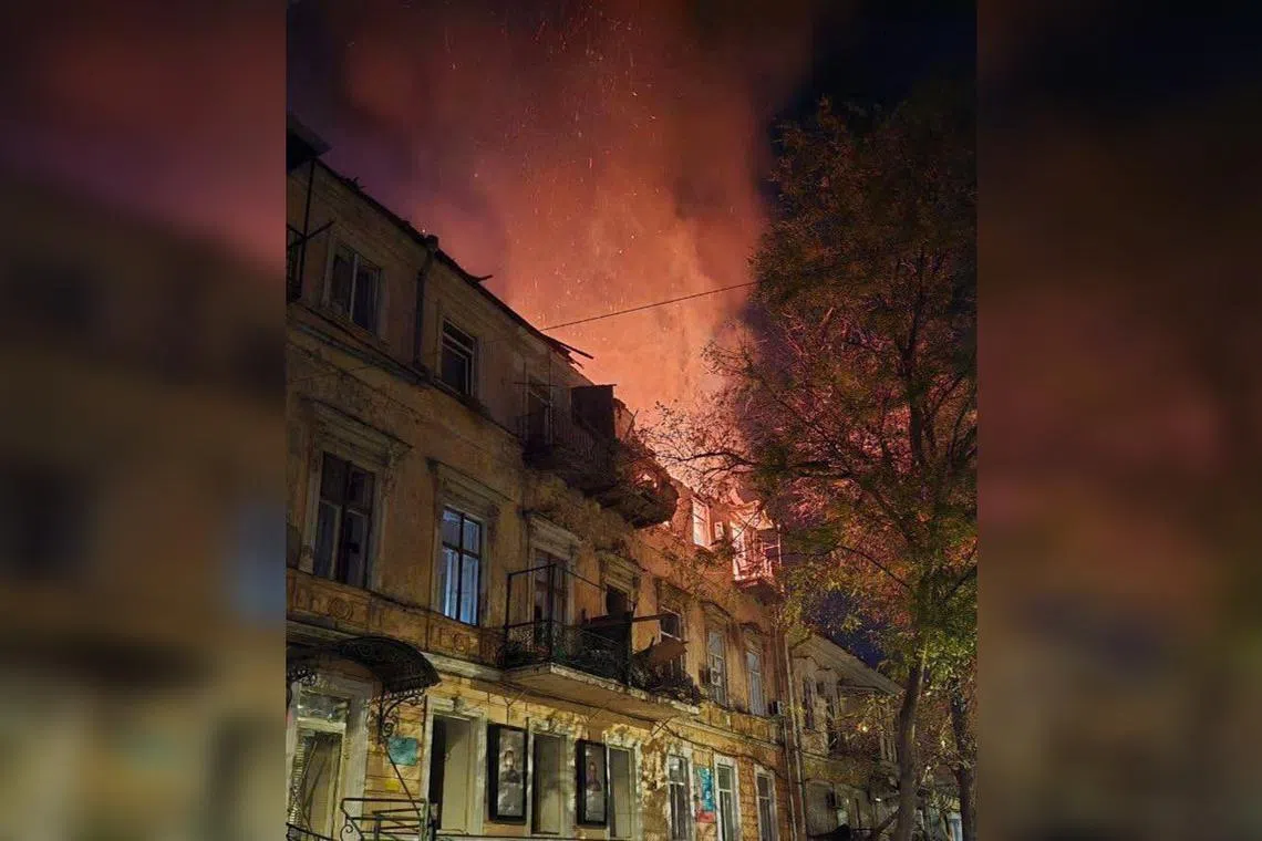 Unofficial photos and video online showed a building in flames, with firefighting equipment stationed nearby.