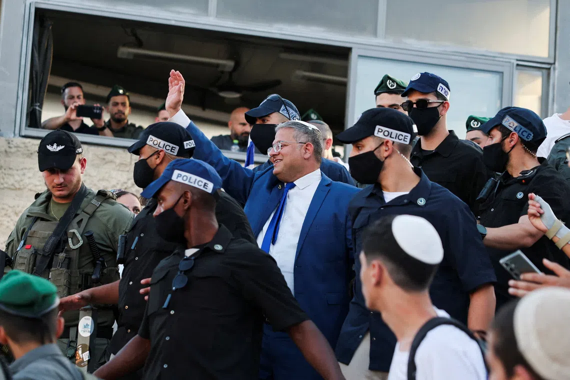 Israeli National Security Minister Itamar Ben-Gvir takes part in the annual Jerusalem Day march in the Old City of Jerusalem, on May 14.