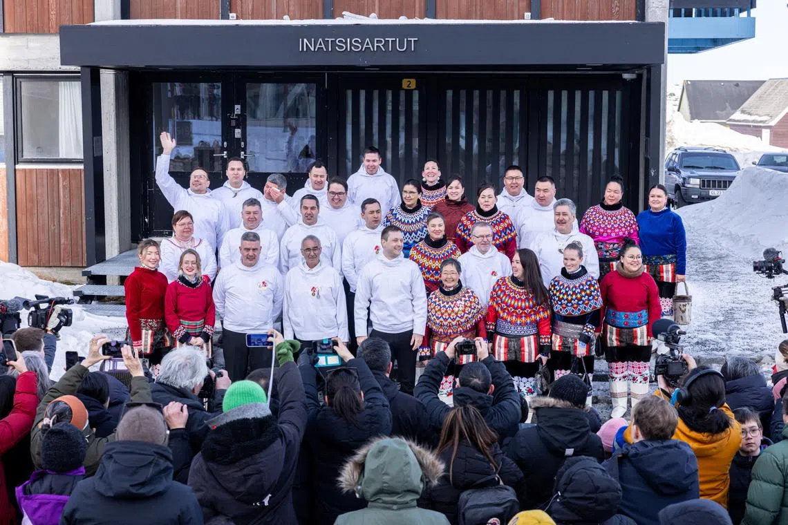 Head of Greenland's government Jens-Frederik Nielsen, poses for a group photo during the constitutive assembly at Inatsisartut in Nuuk, Greenland on Monday, April 7, 2025.  Ritzau Scanpix/Emil Stach via REUTERS