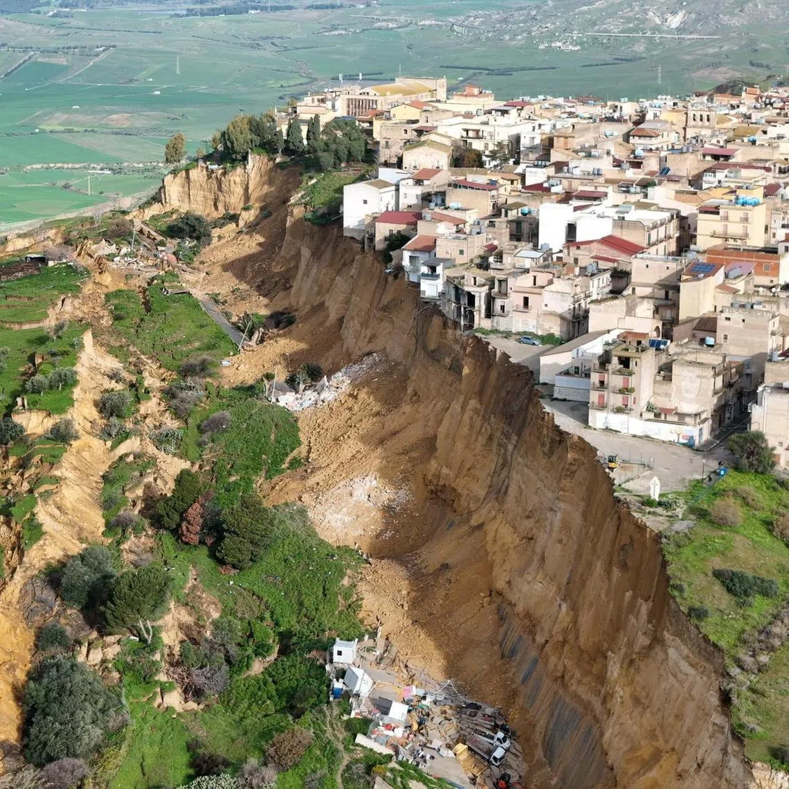 An aerial drone view of the landslide at Niscemi,  Sicily, in southern Italy, on Jan 26.