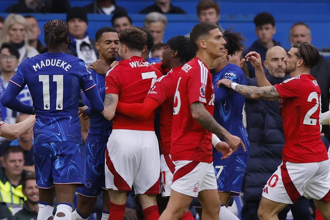 Nottingham Forest's Neco Williams clashing with Chelsea's Levi Colwill during the match on Oct 6.