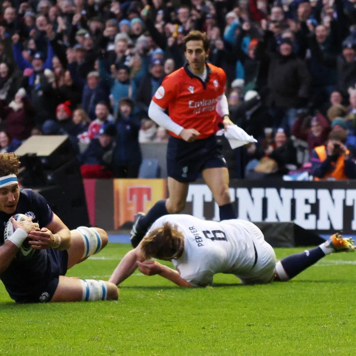Rugby Union - Six Nations Championship - Scotland v England - Murrayfield Stadium, Edinburgh, Scotland, Britain - February 14, 2026 Scotland's Jamie Ritchie scores their second try REUTERS/Russell Cheyne
