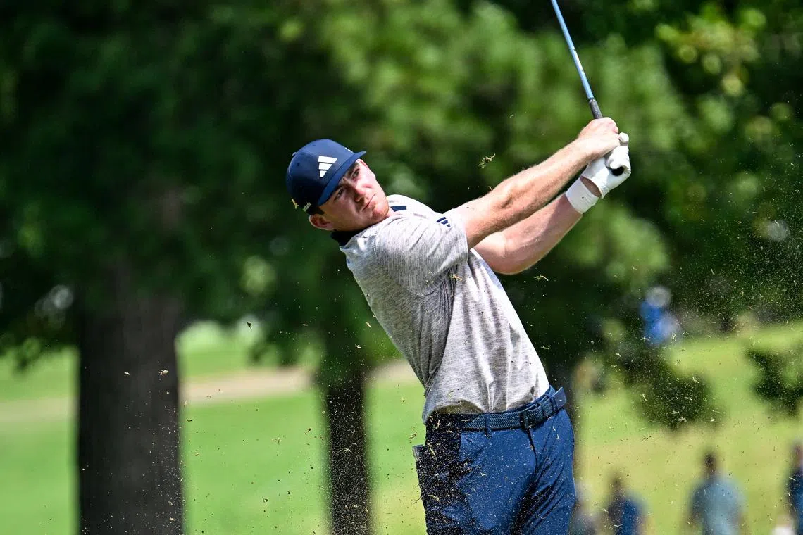 Aug 18, 2024; Memphis, Tennessee, USA; Nick Dunlap second set on the first fairway during the final round of the FedEx St. Jude Championship golf tournament at TPC Southwind. Mandatory Credit: Steve Roberts-USA TODAY Sports/ File Photo