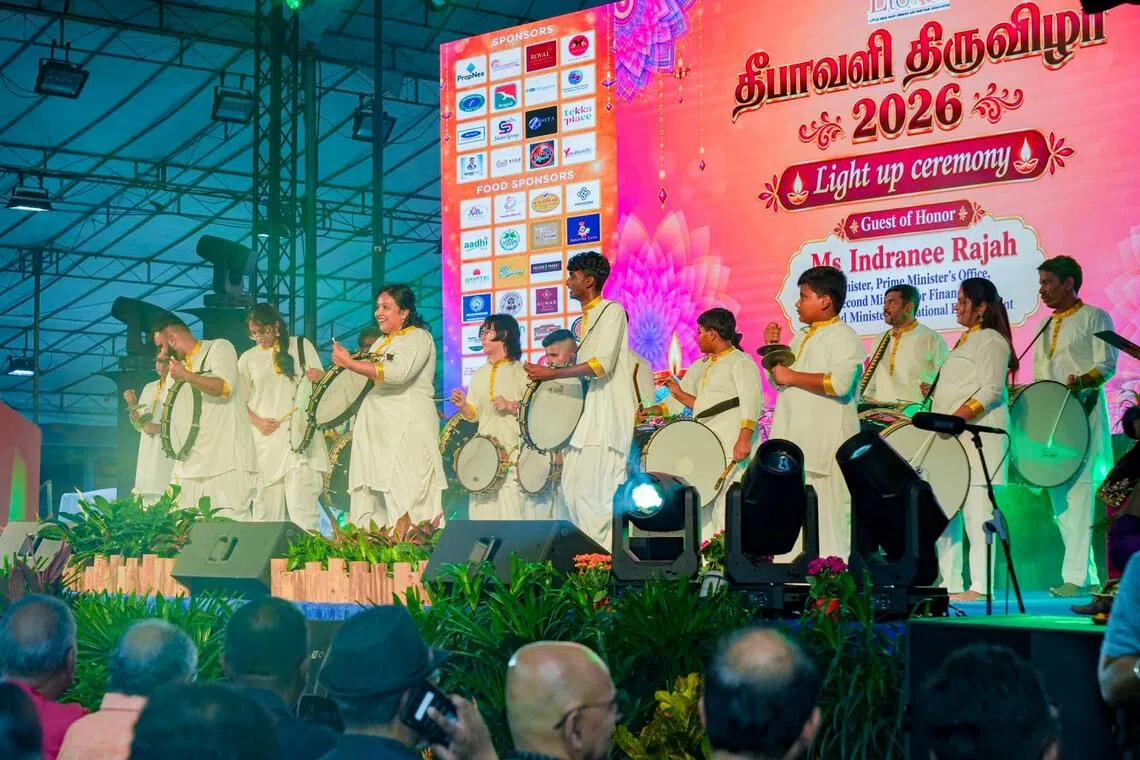 Drummers perform at the Deepavali Thiruvizha 2026 light-up ceremony on Birch Road on Oct 3.