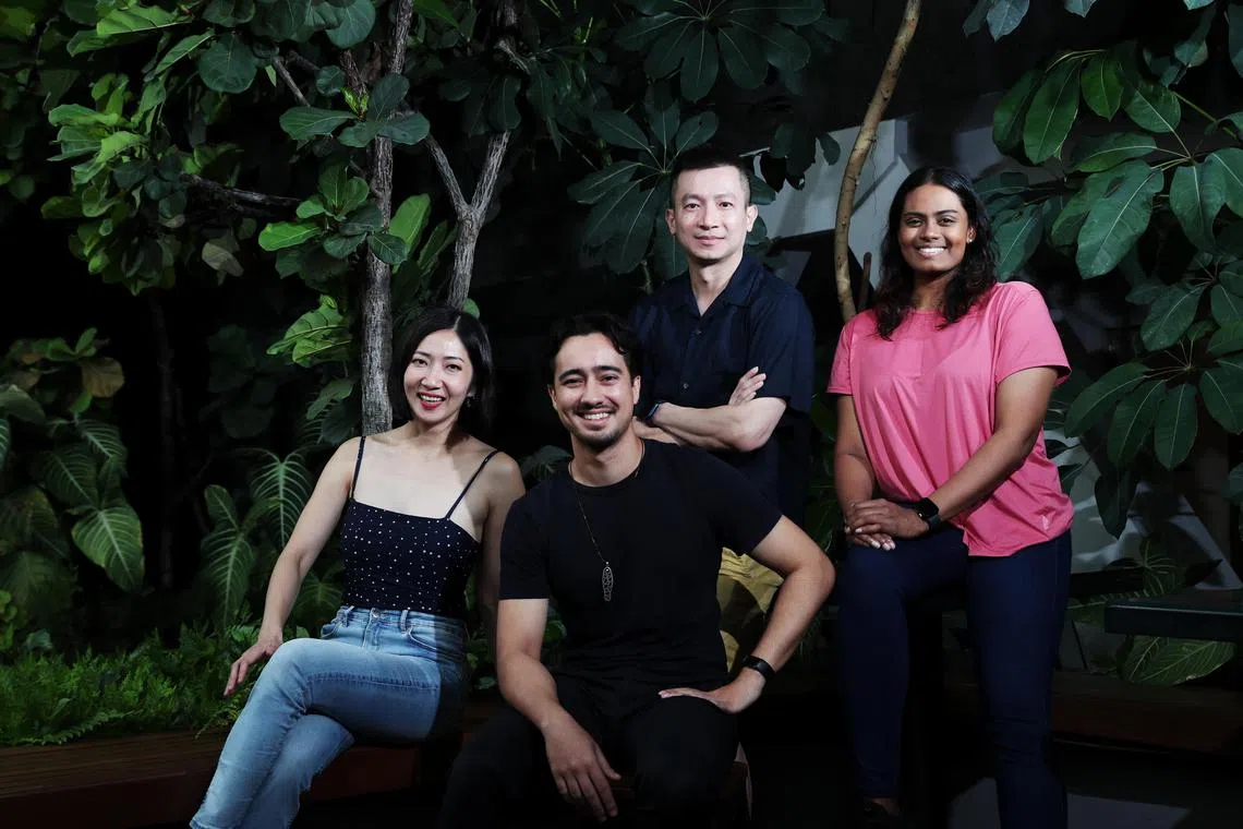 Jo Tan (far left), Jamil Schulze (left) and Rebekah Sangeetha Dorai (far right) star in Happy Place, directed by Chong Tze Chien (right).
