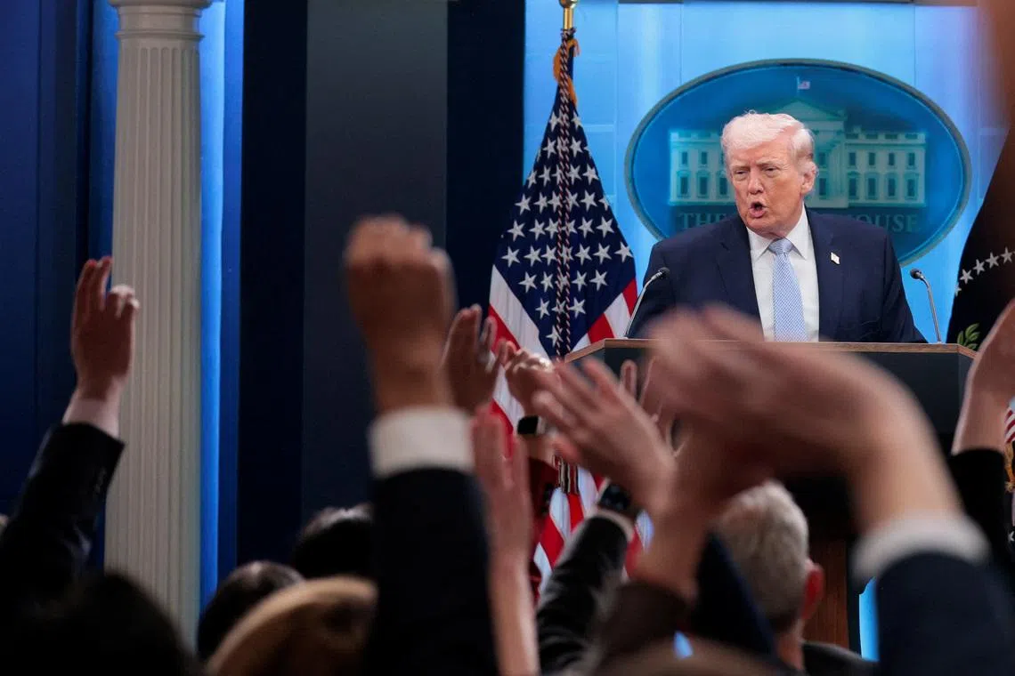 U.S. President Donald Trump takes questions as he speaks during a press conference in the James S. Brady Press Briefing Room at the White House in Washington, D.C., U.S., April 6, 2026. REUTERS/Evan Vucci