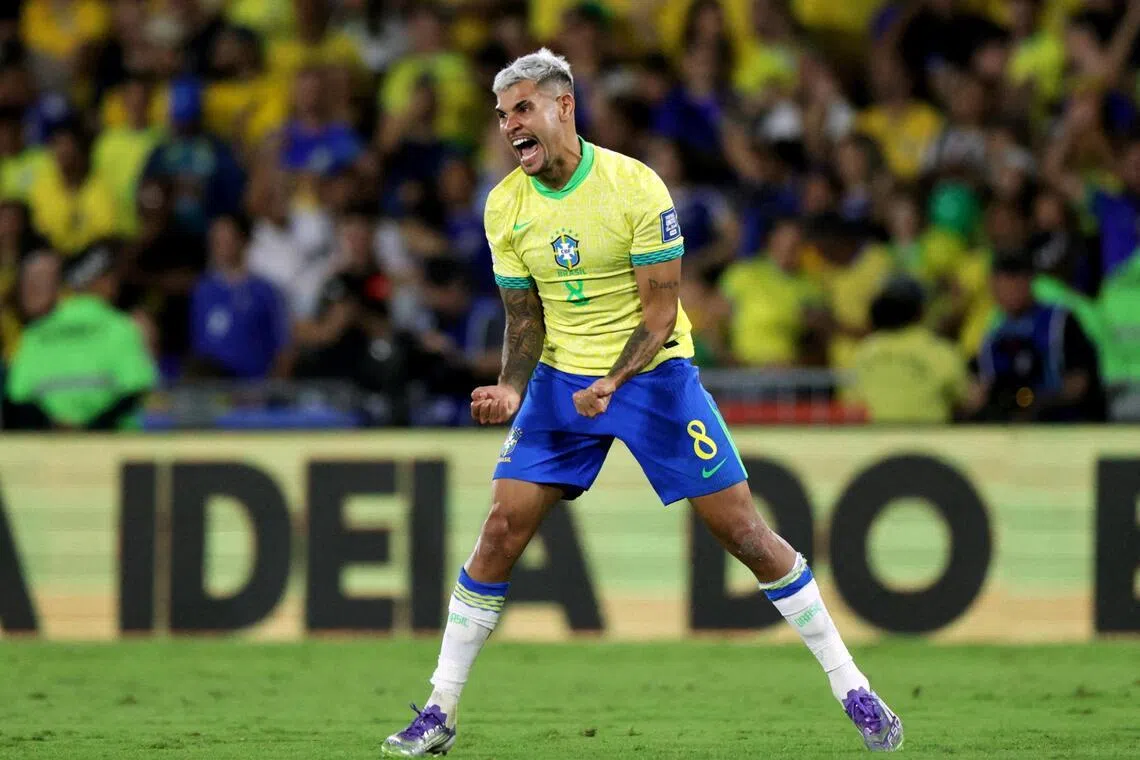 Brazil's Bruno Guimaraes celebrates a goal during a World Cup 2026 qualifier against Chile at the Maracana in Rio de Janeiro on Sept 4, 2025.