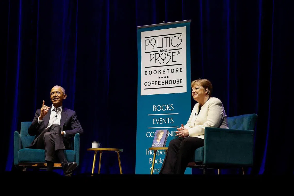 Mr Obama (lefy) and Dr Merkel (right) discussed her memoir "Freedom" as well as world politics and the history the two former leaders have witnessed.    