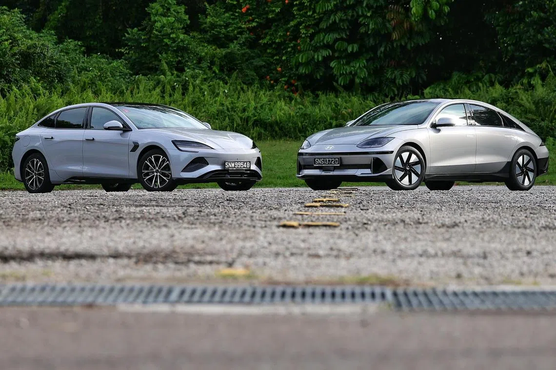 Outdoor shoot for the BYD Seal Cat A (left) and Hyundai Ioniq 6 Cat A on June 11, 2025.