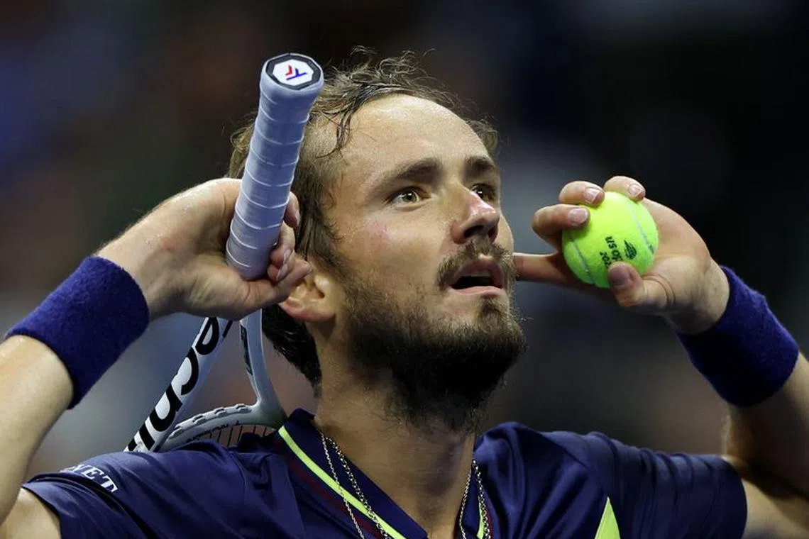 Tennis - U.S. Open - Flushing Meadows, New York, United States - September 8, 2023 Russia's Daniil Medvedev celebrates after winning his semi final match against Spain's Carlos Alcaraz REUTERS/Mike Segar