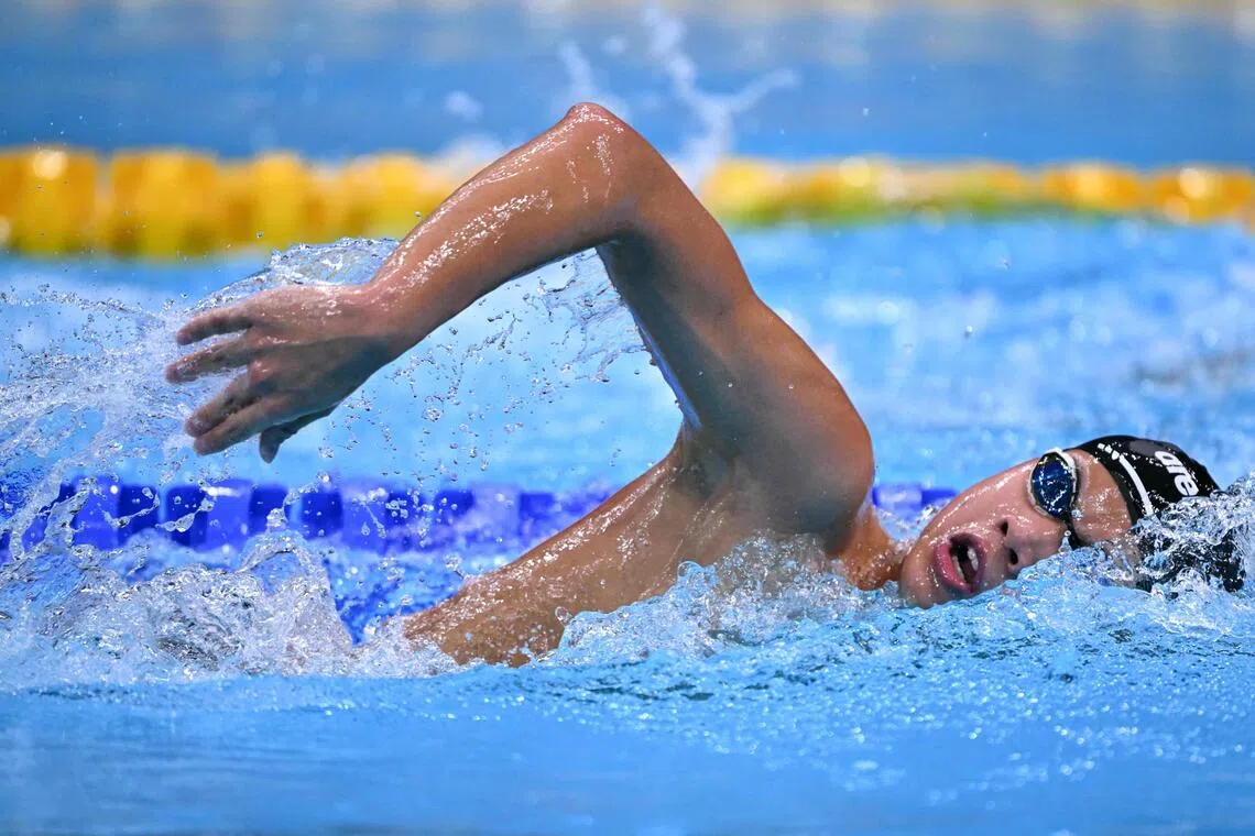 Singapore’s Russel Pang finishes second in the Asian Games men’s 1,500m freestyle B final with a national record time of 15min 22.16sec.