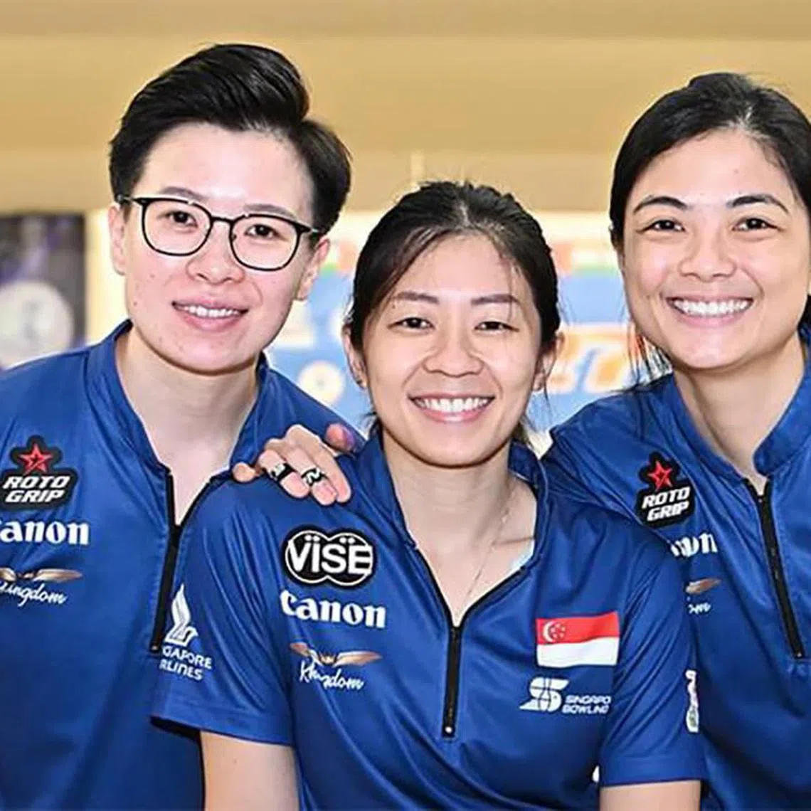 Singapore bowlers (from left) New Hui Fen, Bernice Lim and Daphne Tan came from behind to secure the women's trio gold.