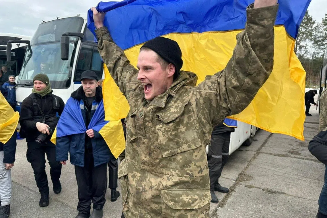 A Ukrainian prisoner of war (POWs) reacts after a swap, amid Russia's attack on Ukraine, at an unknown location in Ukraine, in this handout picture released March 6, 2026. Ukraine's President Volodymyr Zelenskiy via Telegram/Handout via REUTERS