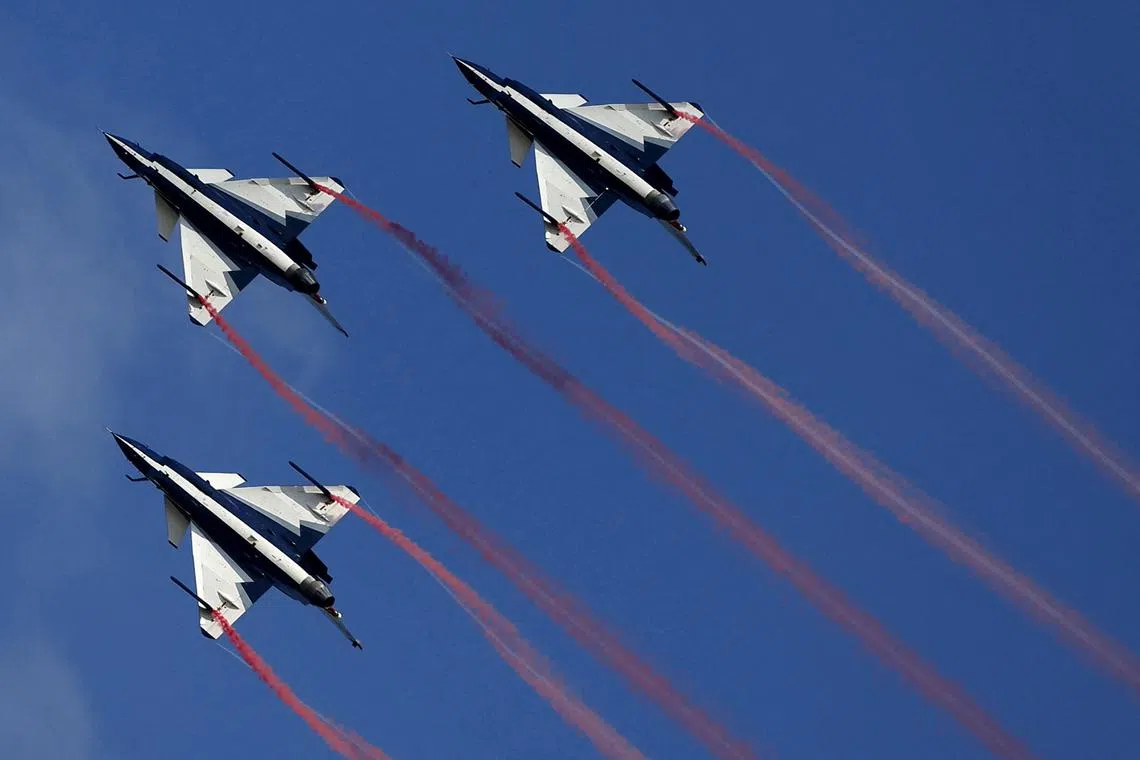 China's J-10 fighter jets performing during a media demonstration at the Korat Royal Thai Air Force Base in Thailand in 2015.
