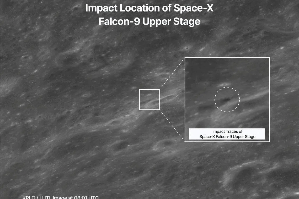 Black and white satellite image of a cratered surface with overlaid labels indicating impact locations.