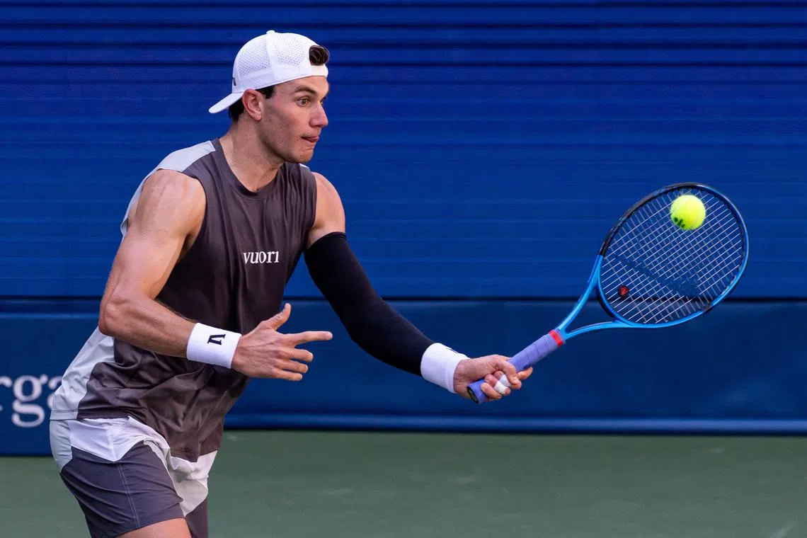 FILE PHOTO: Aug 25, 2025; Flushing, NY, USA; Britain's Jack Draper in action against Federico Agustin Gomez of Argentina in the first round of the men’s singles at the US Open at Louis Armstrong Stadium in Billie Jean King National Tennis Centre. Mandatory Credit: Mike Frey-Imagn Images/File Photo
