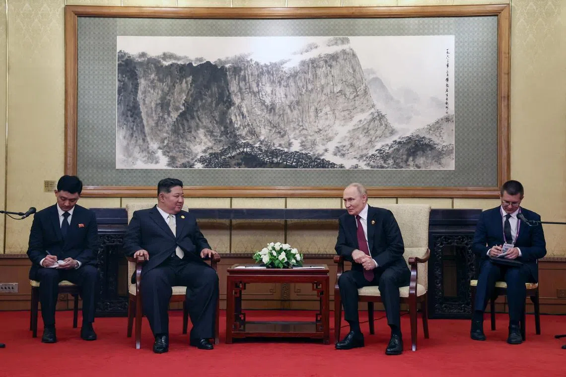 Russian President Vladimir Putin and North Korean leader Kim Jong Un attend a meeting in Beijing, China September 3, 2025. Sputnik/Alexander Kazakov/Pool via REUTERS