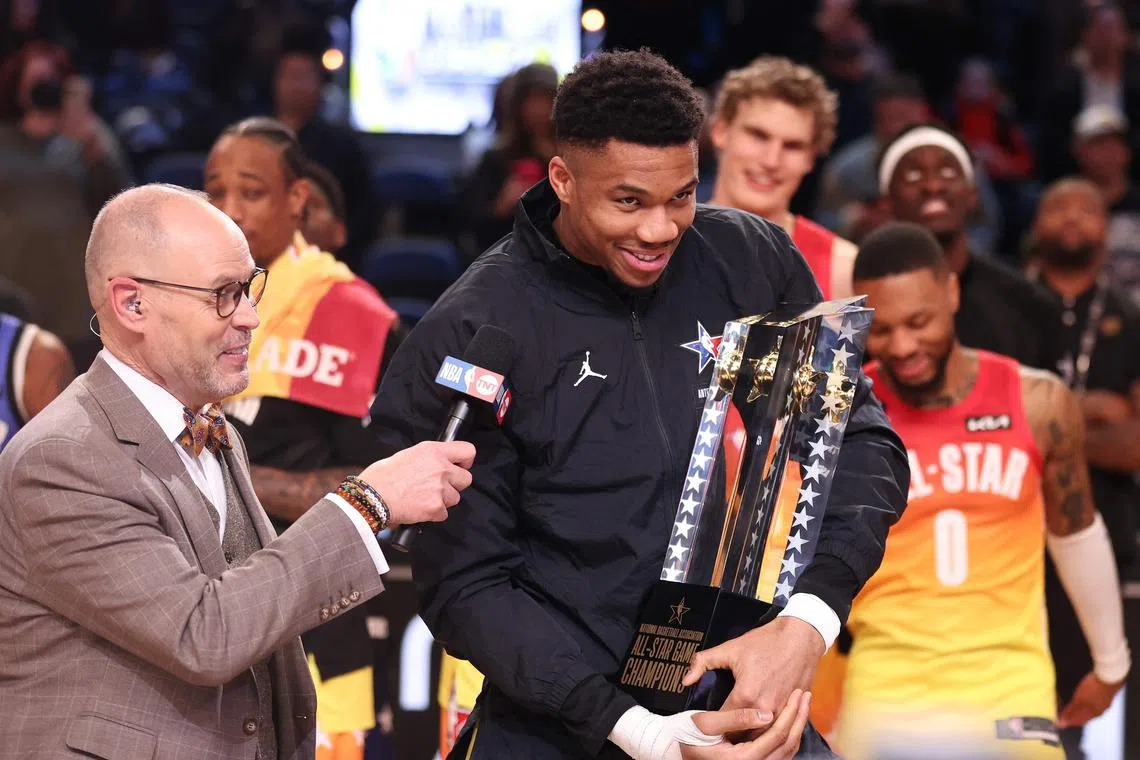 Giannis Antetokounmpo of the Milwaukee Bucks, seen here at the NBA All-Star Game, has suffered a knee injury in the win over the Miami Heat on Friday.