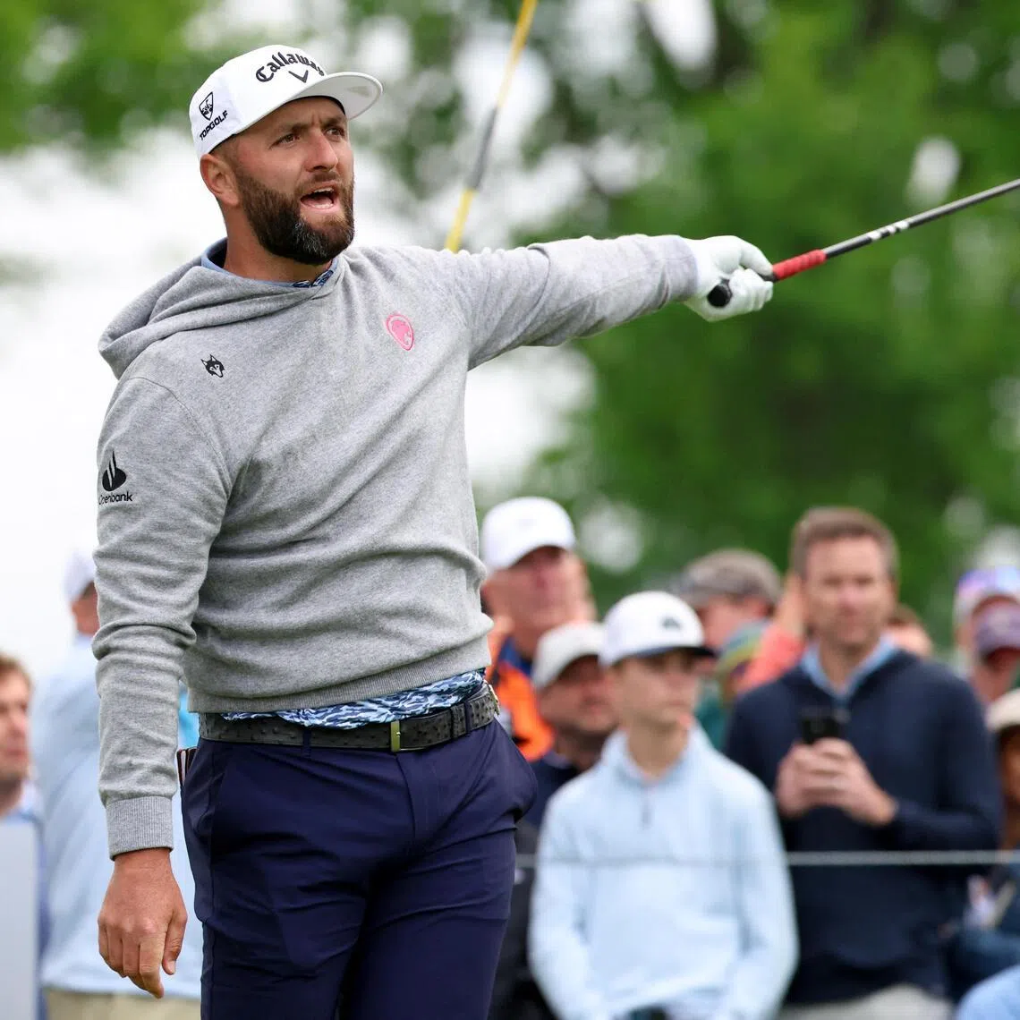 Jon Rahm reacts to his shot from the 12th tee during the first round of the PGA Championship.