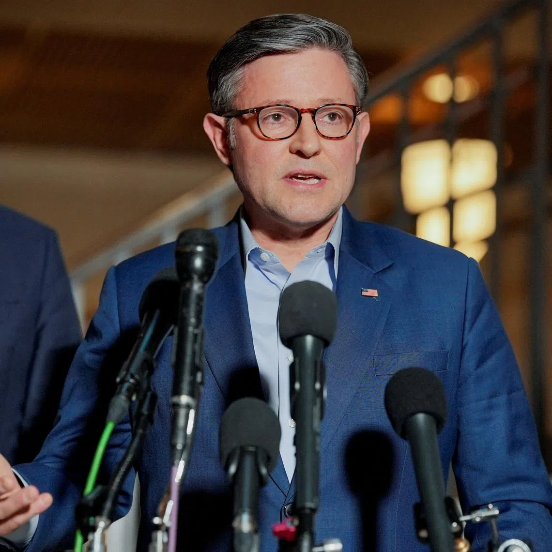 U.S. Speaker of the House Mike Johnson (R-LA) speaks to the media following a briefing for Congressional leaders on the situation in Iran, on Capitol Hill in Washington, D.C., U.S., March 2, 2026. REUTERS/Ken Cedeno