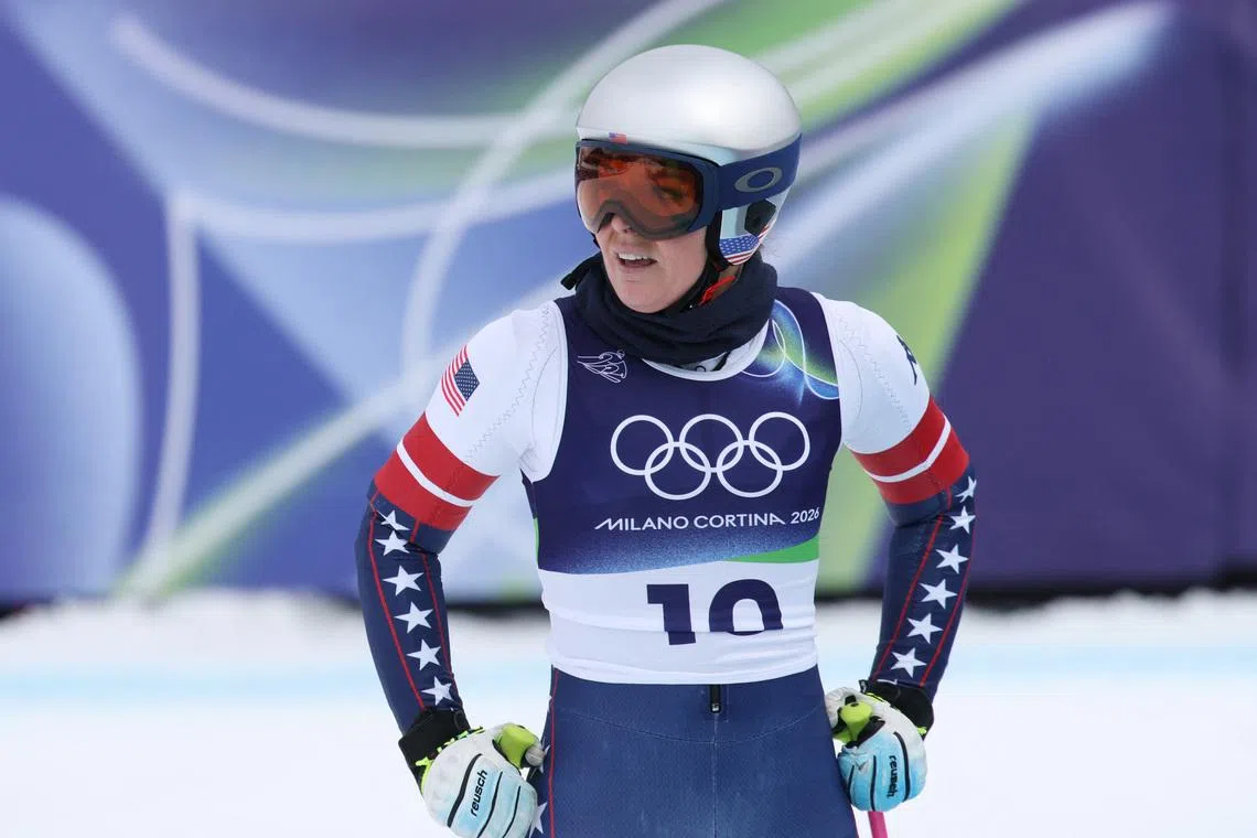 Milano Cortina 2026 Olympics - Alpine Skiing - Women's Downhill Official Training - Tofane Alpine Skiing Centre, Belluno, Italy - February 06, 2026.  Lindsey Vonn of United States reacts during training REUTERS/Leonhard Foeger