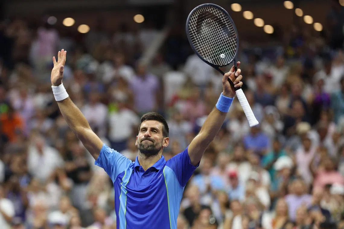 Novak Djokovic celebrating after defeating Borna Gojo to advance to the quarter-finals of the US Open.