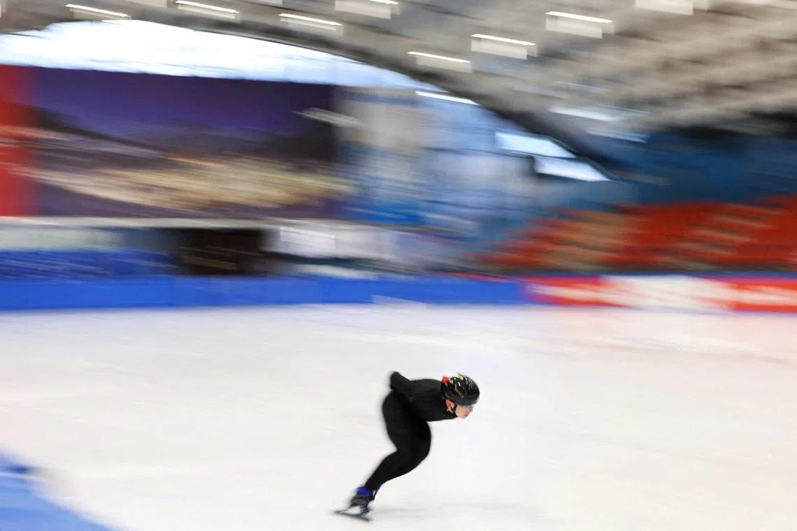 Arianna Fontana trains on a short track ice rink in Bormio, Italy, January 22, 2026. REUTERS/Claudia Greco