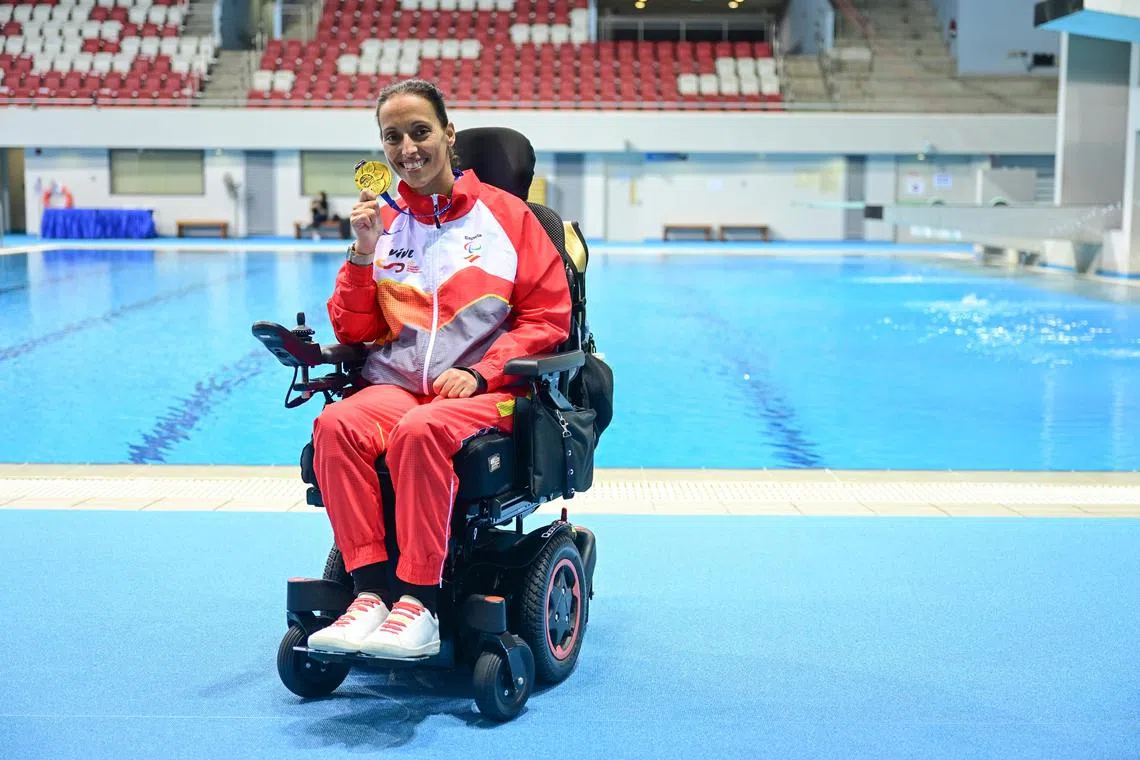 Spain's Teresa Perales posing with the gold medal for the women's 50m breaststroke multi-class race of the Citi Para Swim World Series Singapore on May 18. 