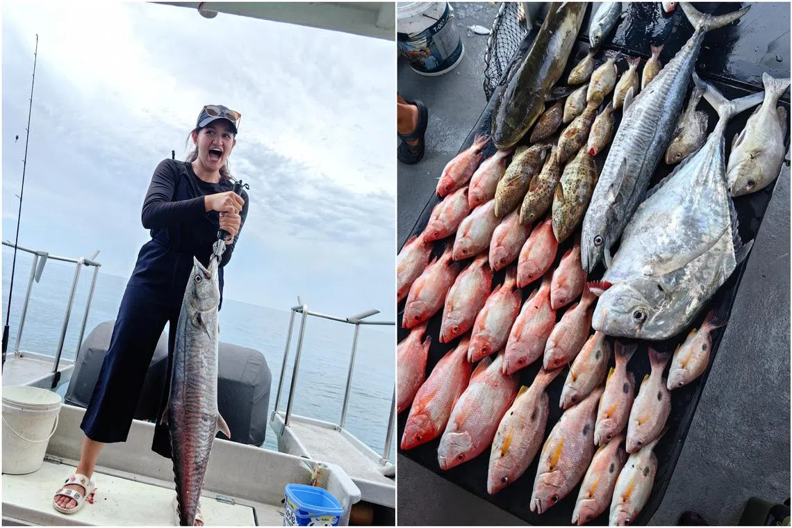 Journalist Sarah Stanley with her prized catch of the day (left), an 8kg mackerel that took all her upper body strength to heave up. 