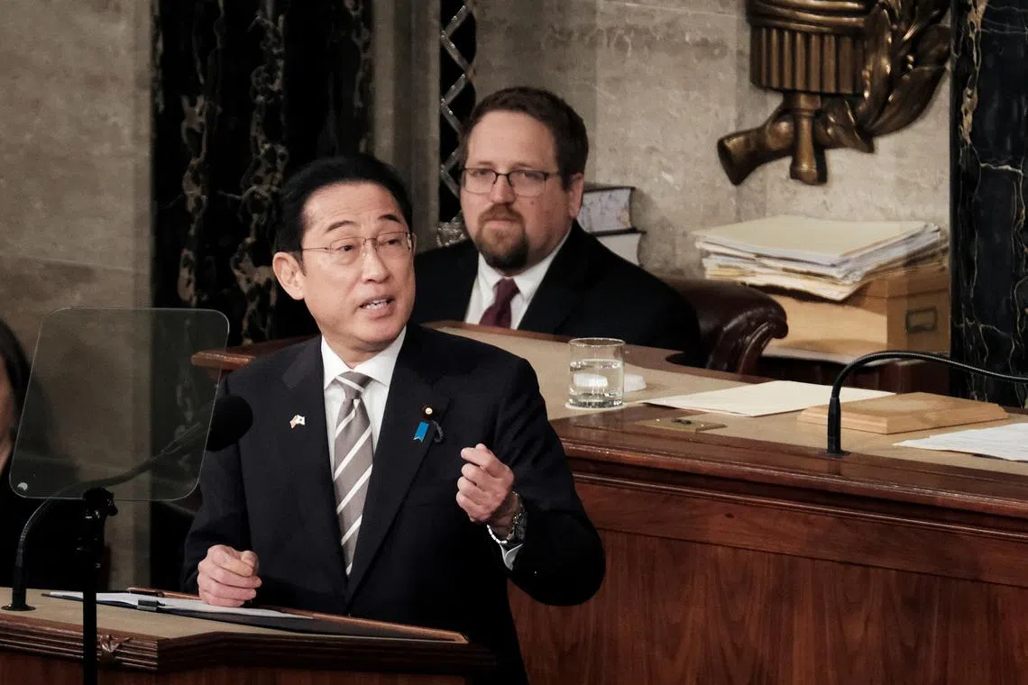 Japanese PM Fumio Kishida addresses a joint meeting of Congress on April 11.
