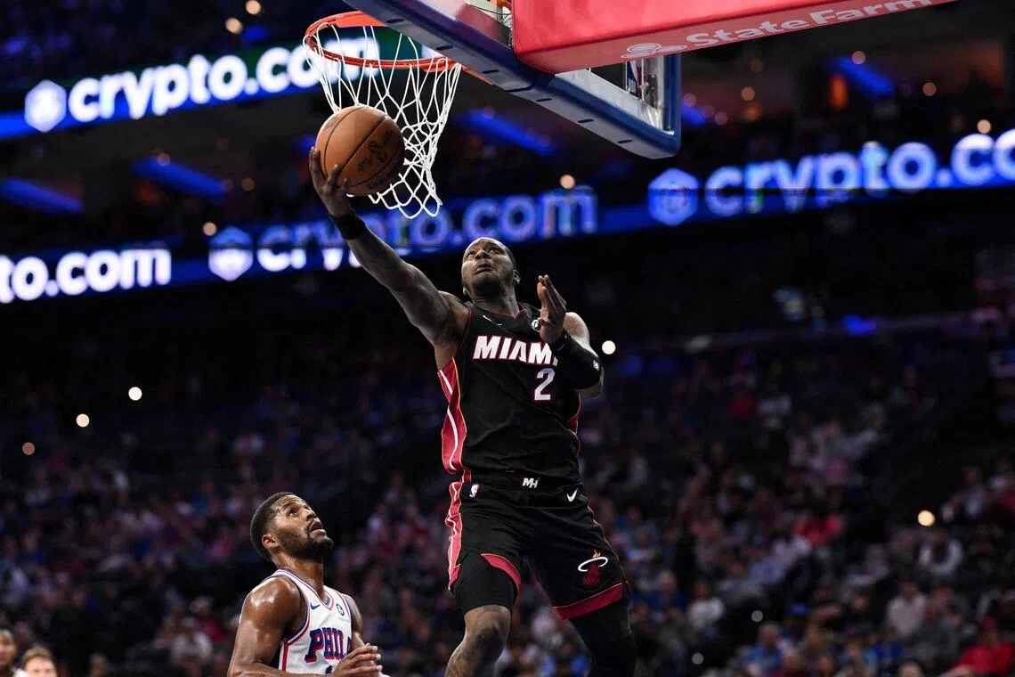 Miami Heat guard Terry Rozier drives to shoot against the Philadelphia 76ers at Wells Fargo Center last season.