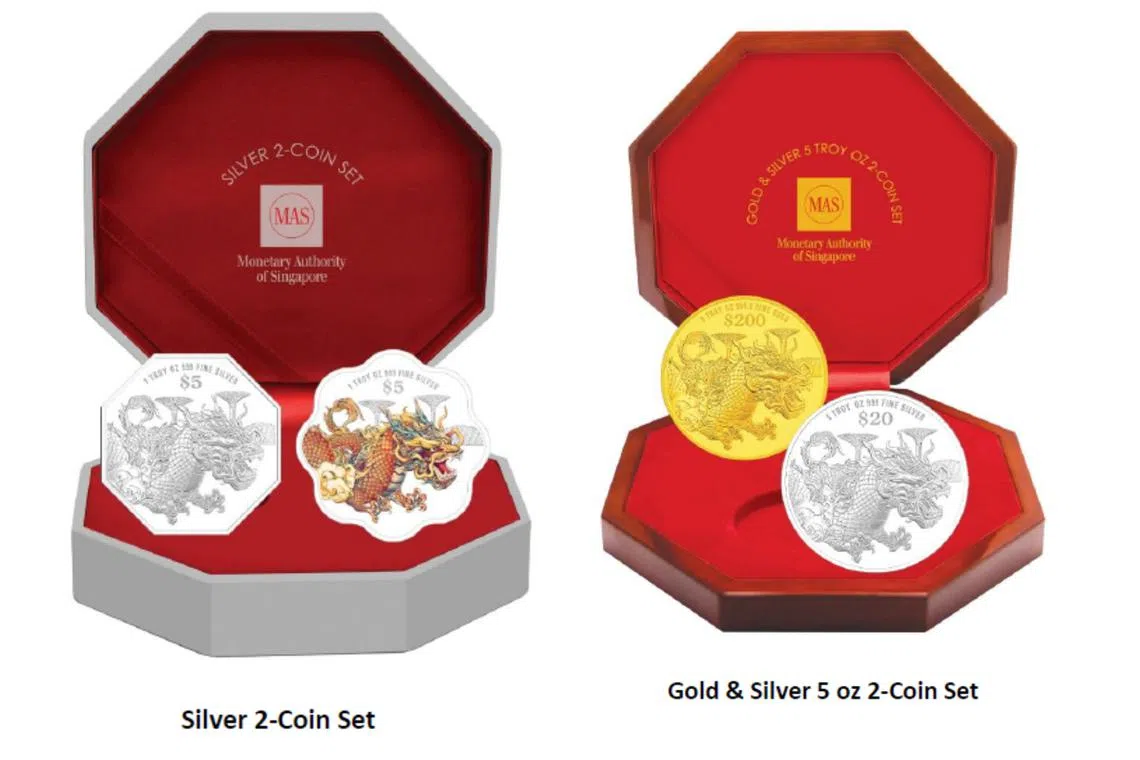 Prices of sets range from $272 for a silver two-coin set to $22,245 for a gold and silver five-ounce two-coin set.