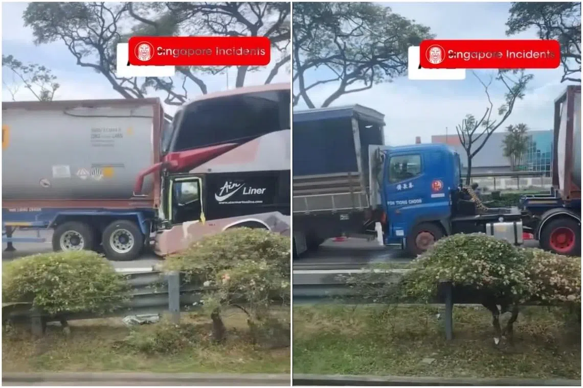 A video uploaded on Facebook shows the vehicles  -  two trailers, a bus and a lorry - on one side of the route.
