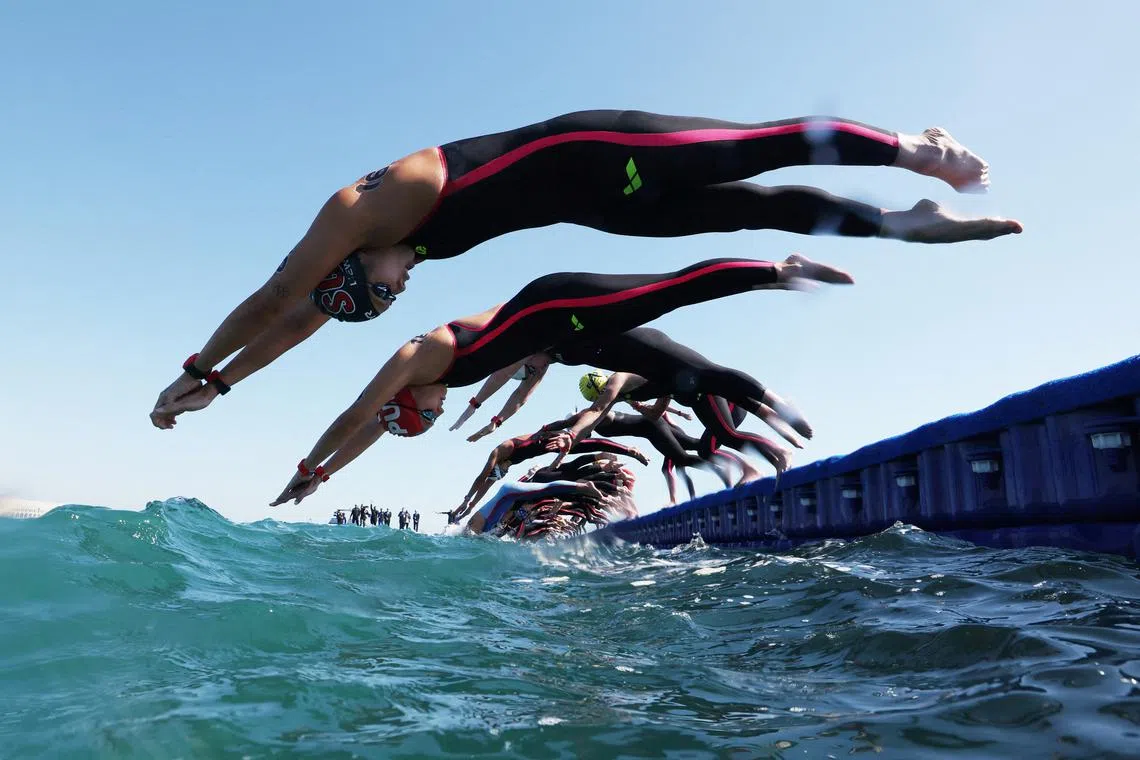 Swimmers at the start of the women's 5km final during the World Aquatics Championships held at the Old Doha Port, Doha, Qatar on Feb 7, 2024.