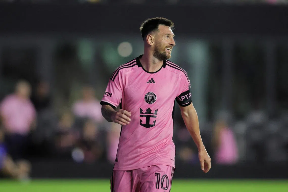 FILE PHOTO: Feb 15, 2024; Fort Lauderdale, FL, USA; Inter Miami CF forward Lionel Messi (10) reacts after shooting the ball against the Newell's Old Boys during the first half at DRV PNK Stadium. Mandatory Credit: Sam Navarro-USA TODAY Sports/File Photo