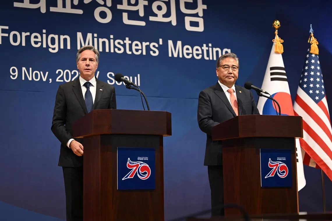 US Secretary of State Antony Blinken speaks at a news conference with his South Korean counterpart Park Jin in Seoul.
