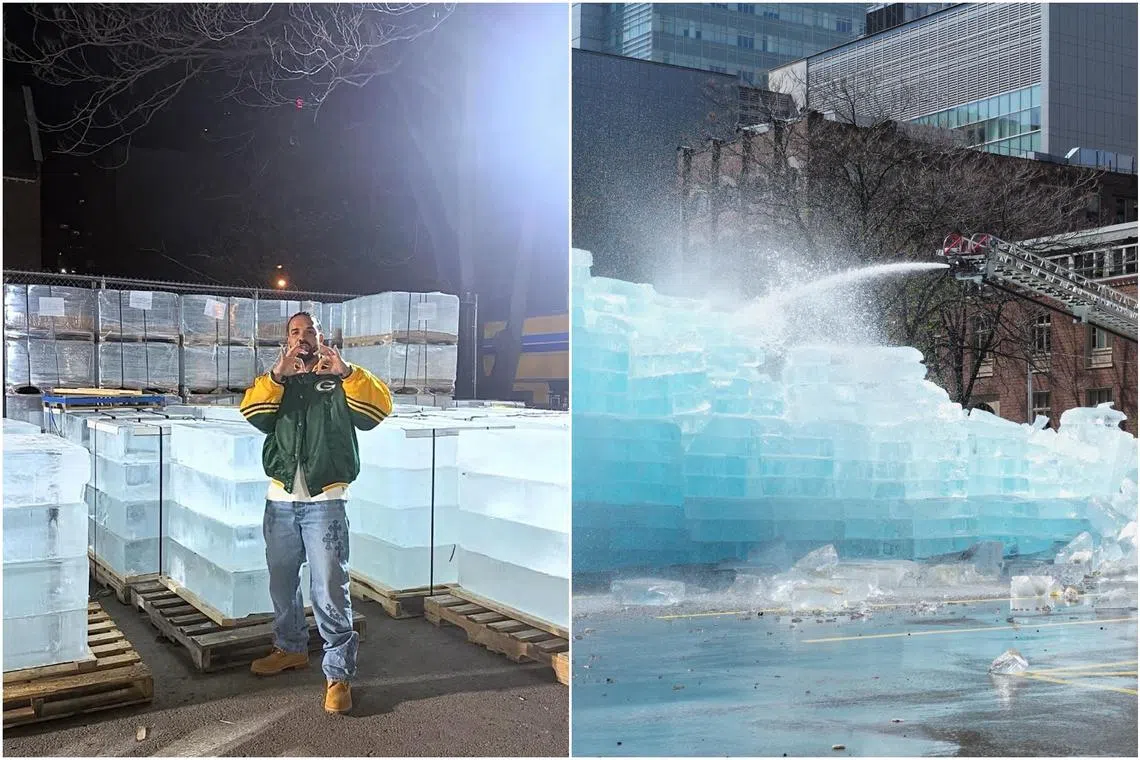 Canadian rapper promoted his upcoming album Iceman with a ice sculpture in Toronto.