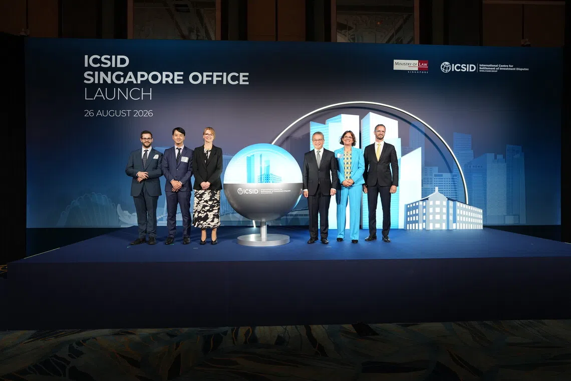 (From left) International Centre for Settlement of Investment Disputes’ legal counsel Carlos Molina Esteban, ICSID legal counsel Yuichiro Omori, ICSID secretary-general Martina Polasek, Minister for Law and Second Minister for Home Affairs Edwin Tong, ICSID chief counsel Frauke Nitschke and ICSID senior legal counsel Jonathan Chevry.