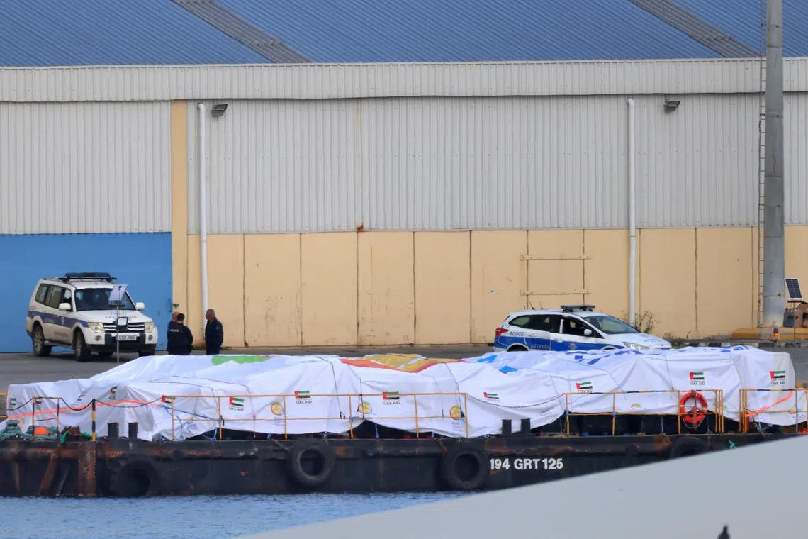 A barge carrying UAE aid to Gaza docked at Larnaca harbour in Cyprus.