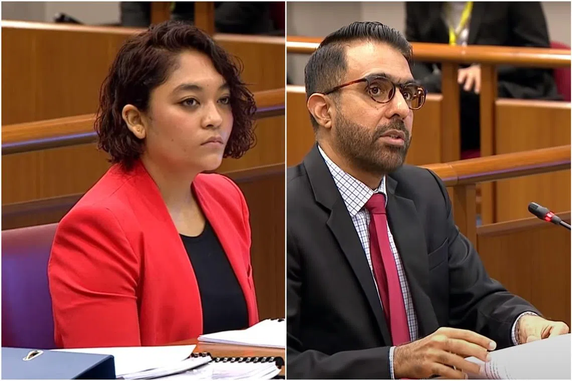Raeesah Khan (left) and Leader of the Opposition Pritam Singh before the Parliament’s Committee of Privileges in December 2021.