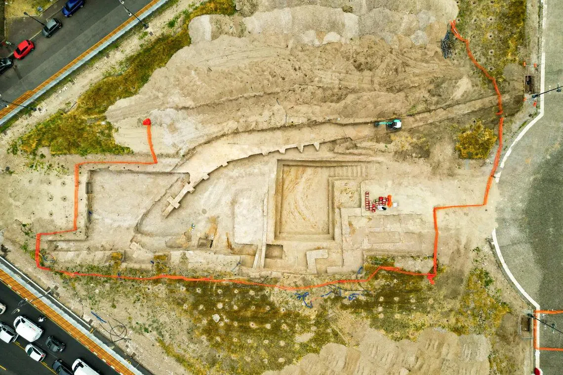 A drone view shows a recently unearthed complex architectural structure outside the Archbasilica of St John Lateran in Rome, Italy July 16, 2024. Italian Ministry of Culture/Handout via REUTERS/File Photo